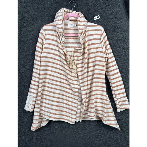 Entro Striped Knit Open Front Cardigan Sweater Womens Size S Ivory Brown - Picture 1 of 7
